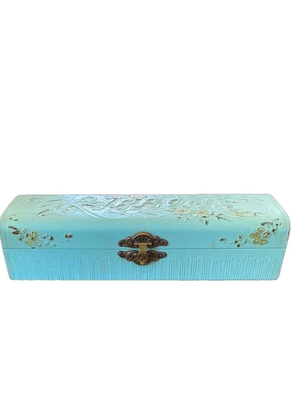 Vintage Ribbon Box Victorian Ornate Floral Design Copper/Brass Hardware Blue OS